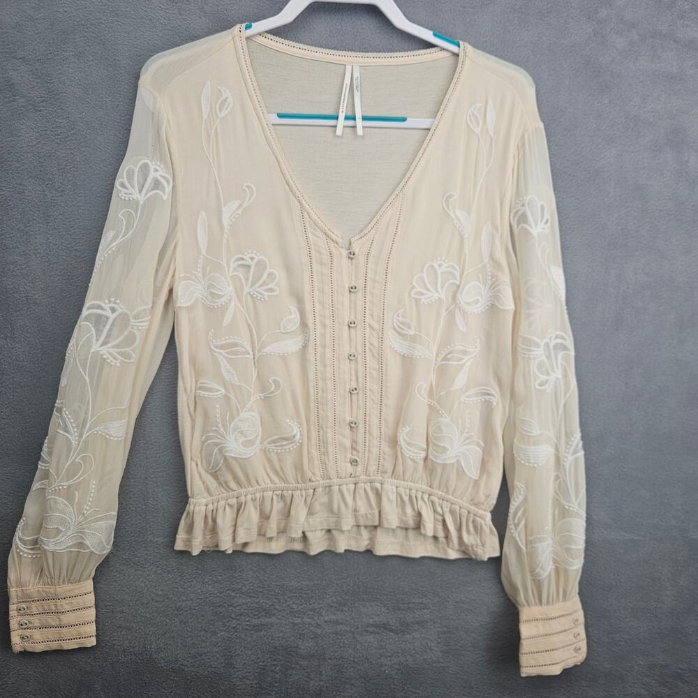 Anthropologie Embroidery Floral Boho Peasant CottageCore Long Sleeve Blouse Sz S